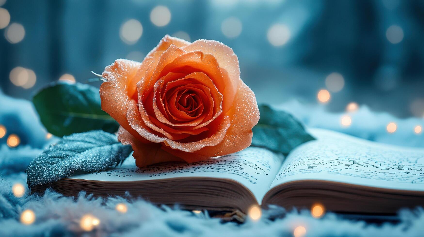 An elegant orange rose dusted with dewdrops rests atop an open book, surrounded by soft bokeh lights and a serene, dreamy atmosphere, evoking romance and poetic inspiration. photo
