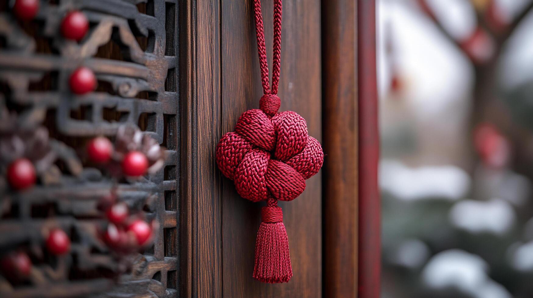 A red decorative knot hangs gracefully on a wooden surface, symbolizing unity, luck, and prosperity, commonly seen during Chinese New Year celebrations as a vibrant cultural tradition. photo