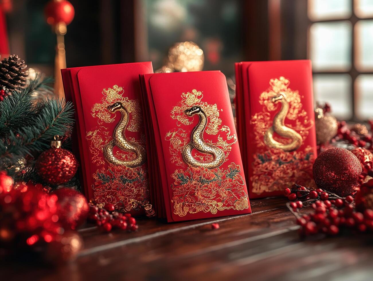 Luxurious red envelopes adorned with intricate golden snake designs are surrounded by festive decor, symbolizing prosperity, blessings, and tradition during the Chinese New Year celebration. photo