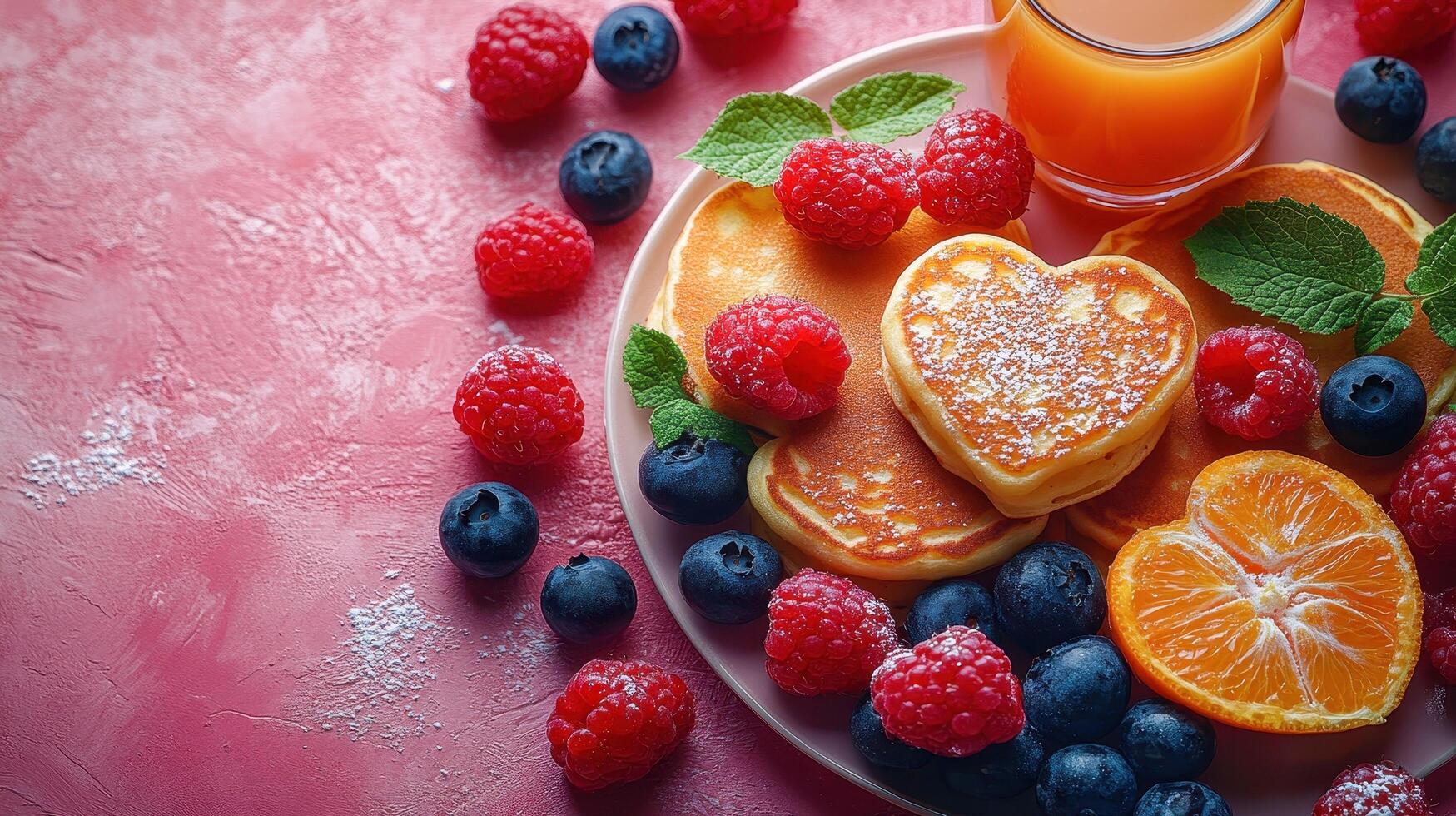 A romantic breakfast featuring fluffy pancakes topped with heart-shaped jam and surrounded by vibrant raspberries, blackberries, and blueberries, paired with a refreshing of orange juice photo
