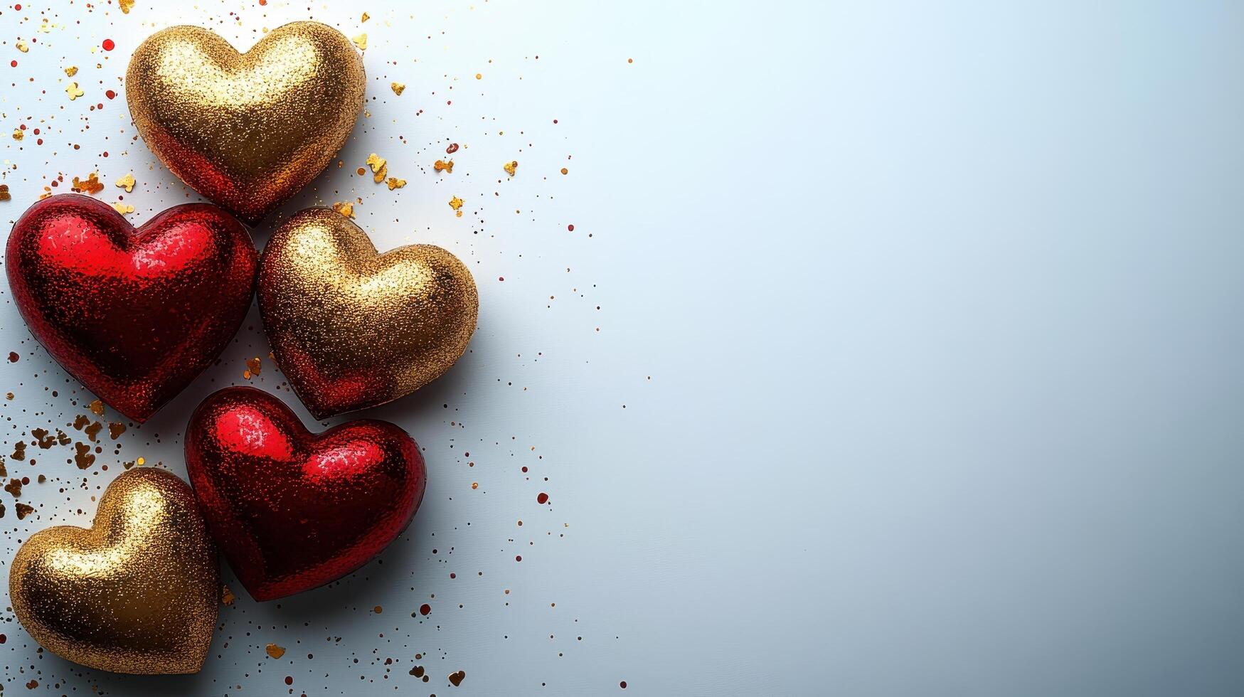 A sparkling Valentine arrangement showcasing glittering red and gold heart decorations on a textured surface, surrounded by scattered golden confetti, exuding elegance, romance, festive charm. photo