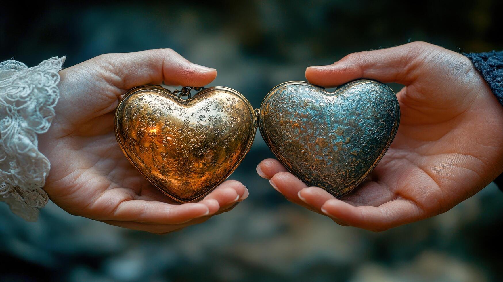 Two hands gently holding intricately designed golden and silver heart-shaped lockets, symbolizing love, connection, and sentimentality,set against a soft,blurred background for an intimate atmosphere. photo