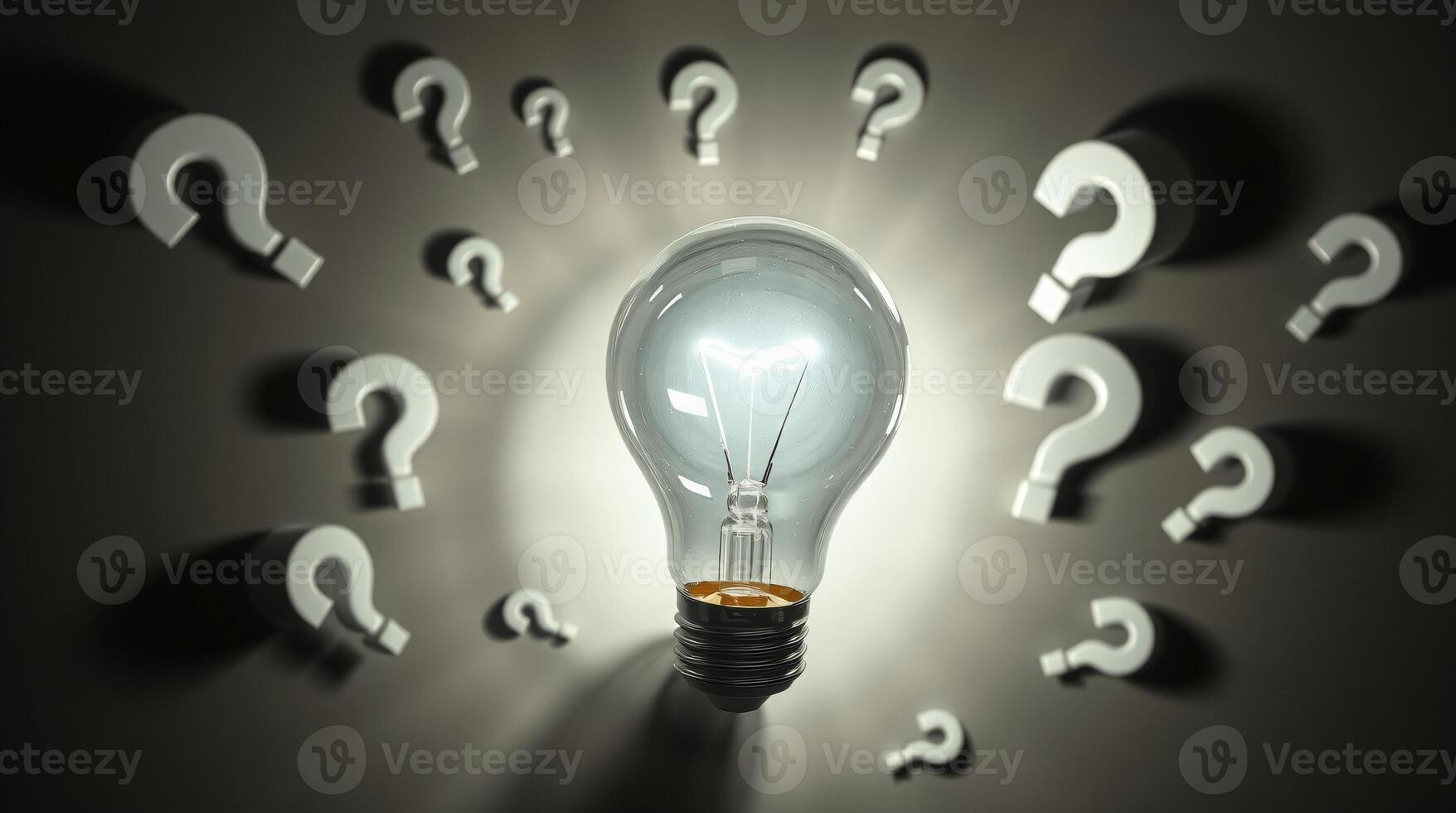 A 3D light bulb, magnified, emits light beams, surrounded by floating question marks, overhead bird eye view, strong hard light, direct harsh shadows photo