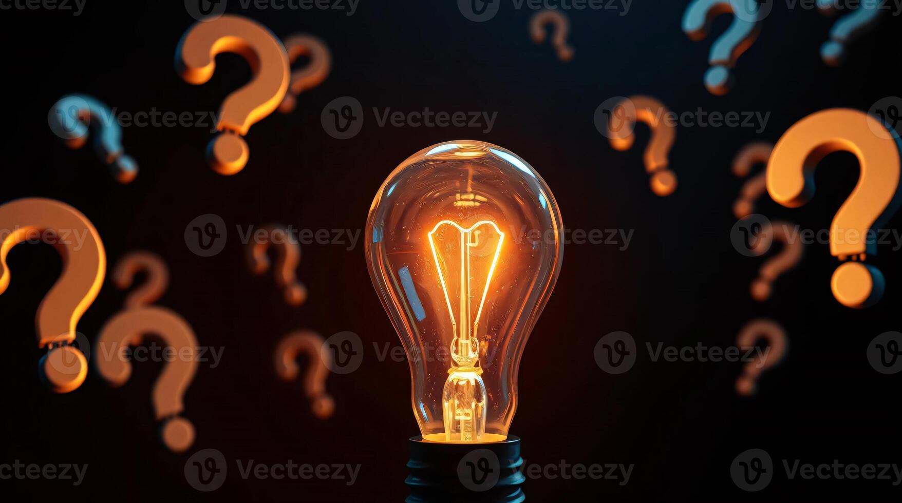 A 3D light bulb, magnified, emits light beams, surrounded by floating question marks, in a dramatic cinematic style, representing curiosity and inquiry photo