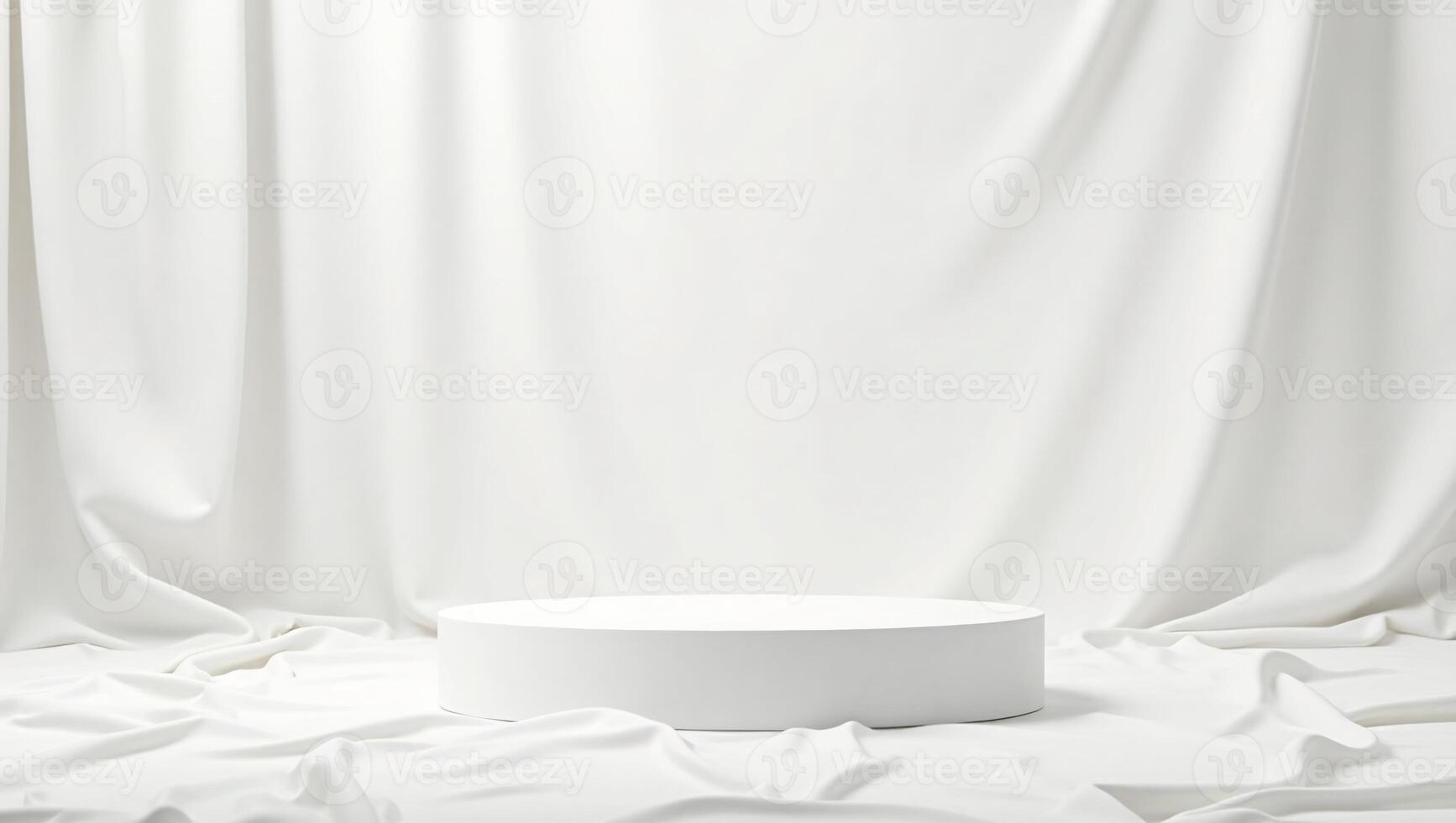 Empty round podium on smooth elegant white cloth fabric background for cosmetics product presentation photo