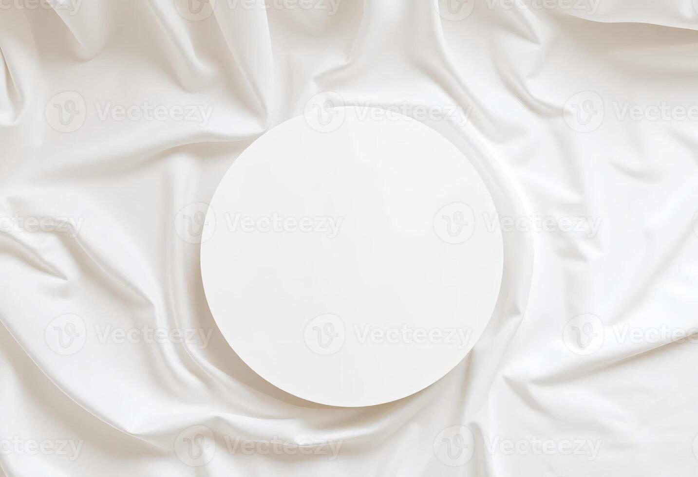Top view of round podium display for cosmetics product presentation on smooth elegant white cloth fabric background photo