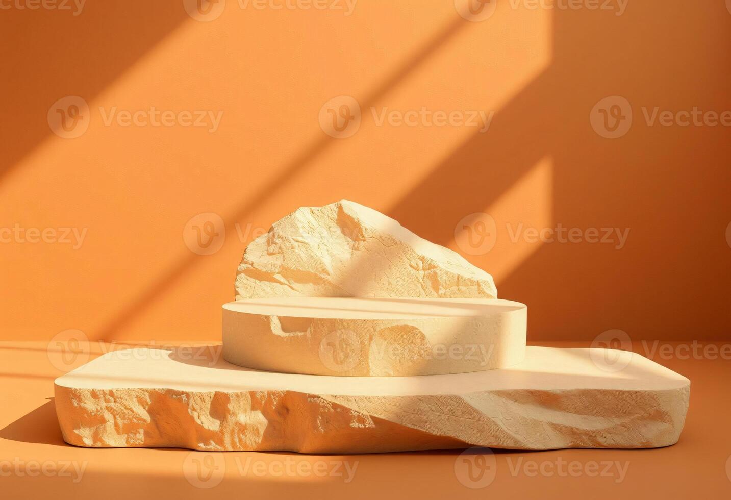 Empty podium stone display on brown background, Beige rock podium display, Cosmetic beauty product promotion pedestal with sun shadow photo