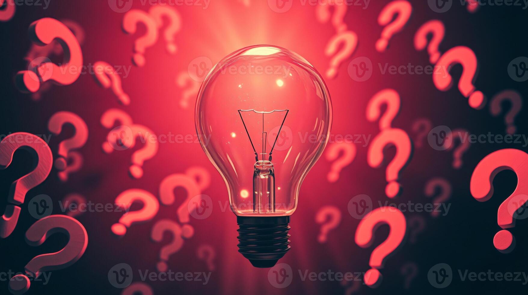 A light bulb surrounded by floating question marks, surreal infrared tones with intense dramatic lighting, Innovation and new ideas concepts photo