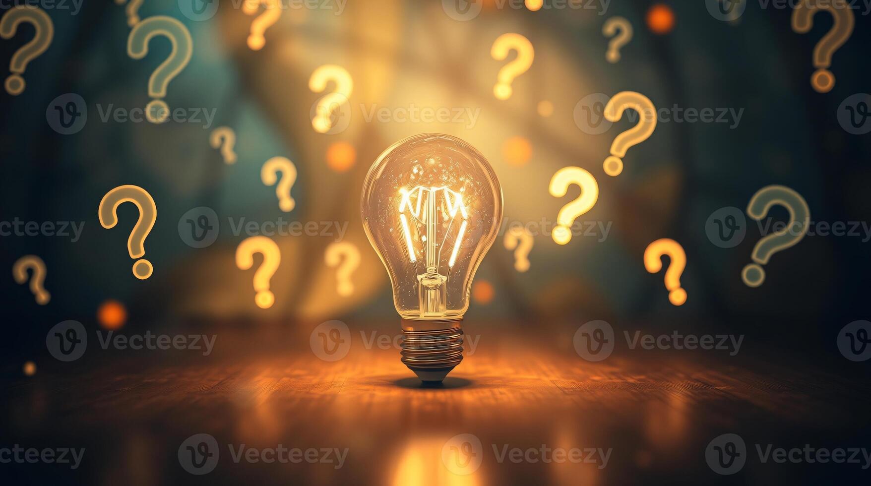 A 3D light bulb with a glowing on wooden table, radiant filament, emitting vibrant, surrounded by a swarm of floating question marks, Symbolizing how to think of ideas to overcome obstacles photo