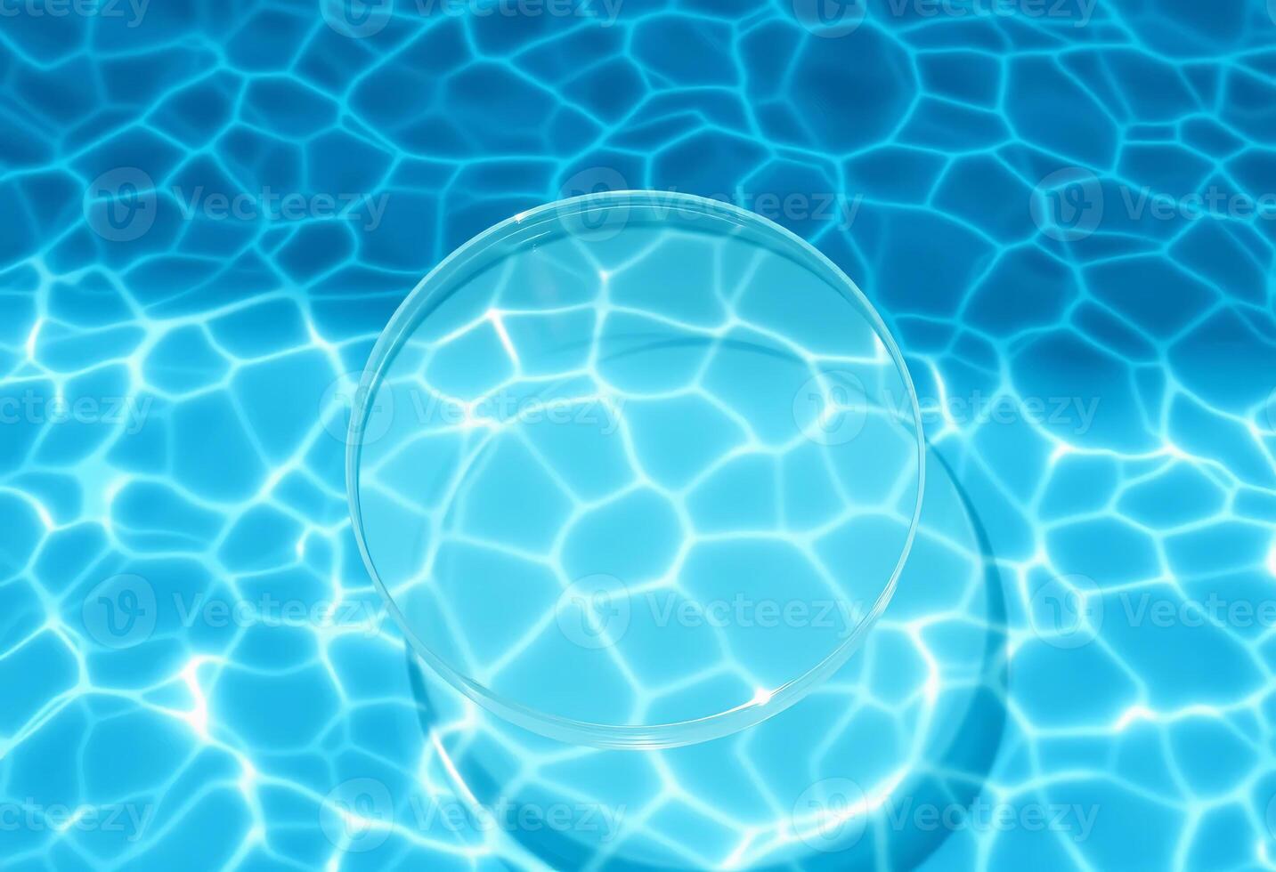 Top view of an empty clear glass round podium on blue transparent water with waves in sunlight, Cosmetic or beauty product presentation, copy space, Summer products ideas photo