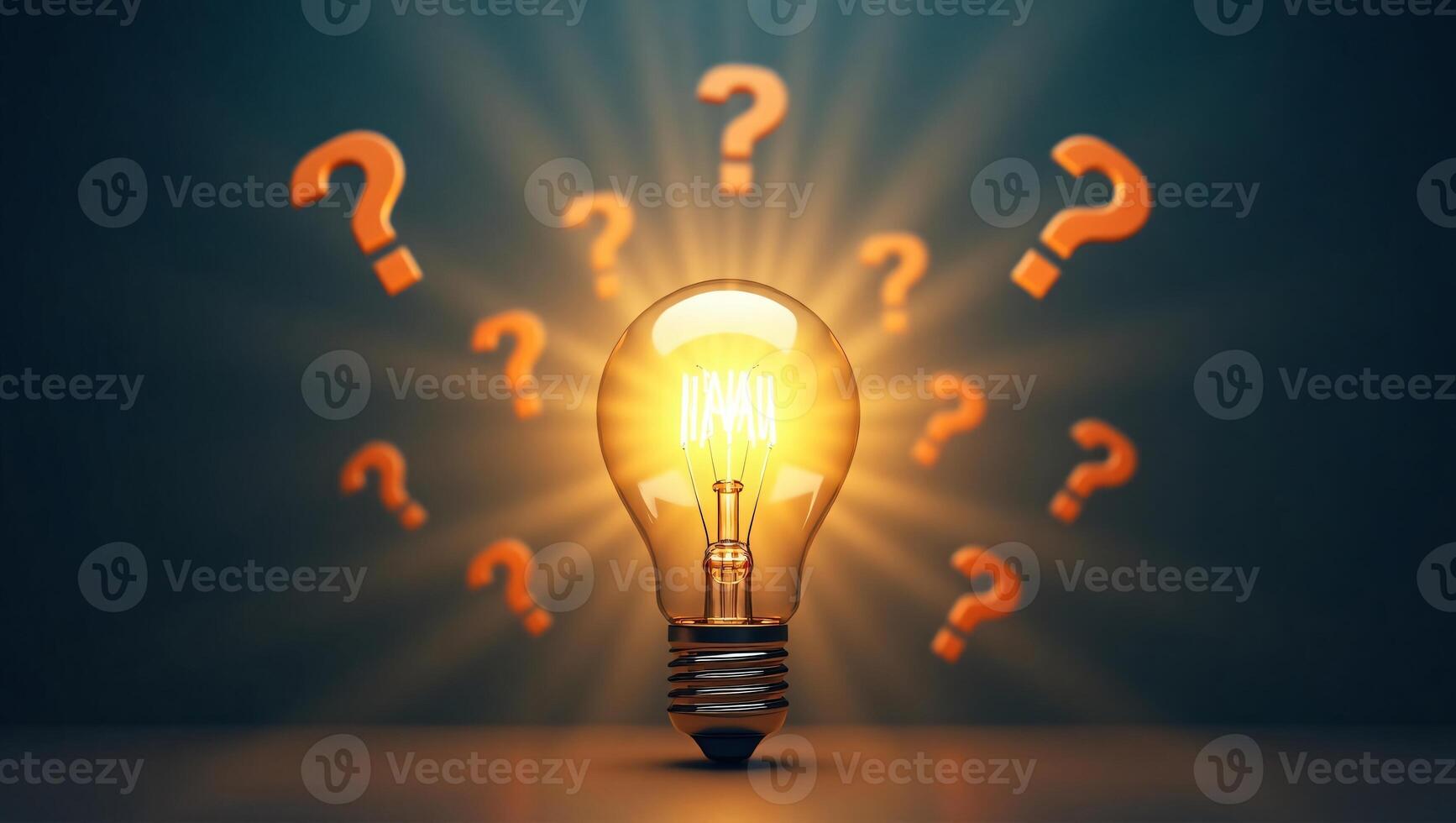 A highly detailed, glossy 3D light bulb with a glowing, radiant filament, emitting vibrant, shimmering light beams in a radial pattern, surrounded by a swarm of floating question marks photo