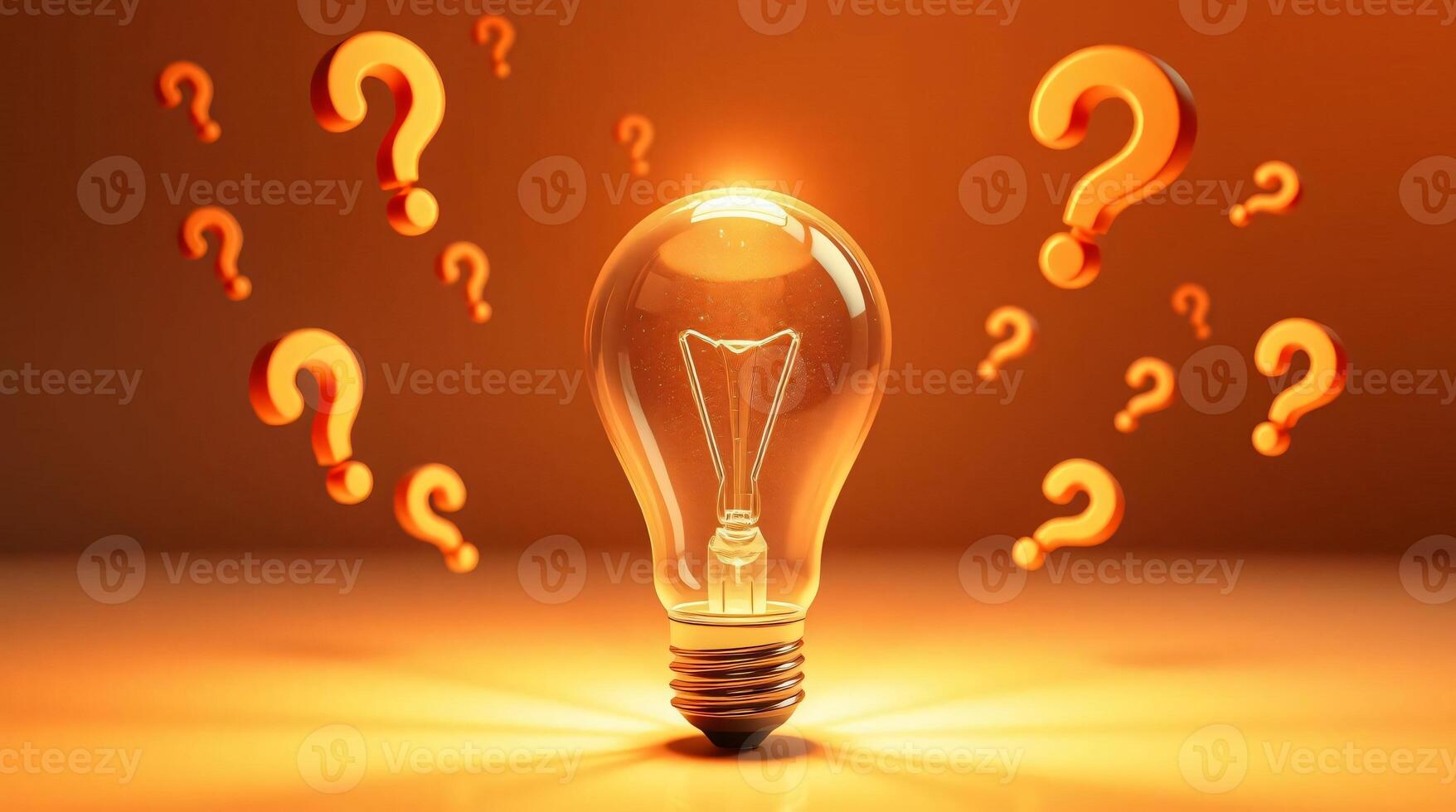 A 3D light bulb, magnified, emits light beams, surrounded by floating question marks, warm reds, oranges, and yellows photo