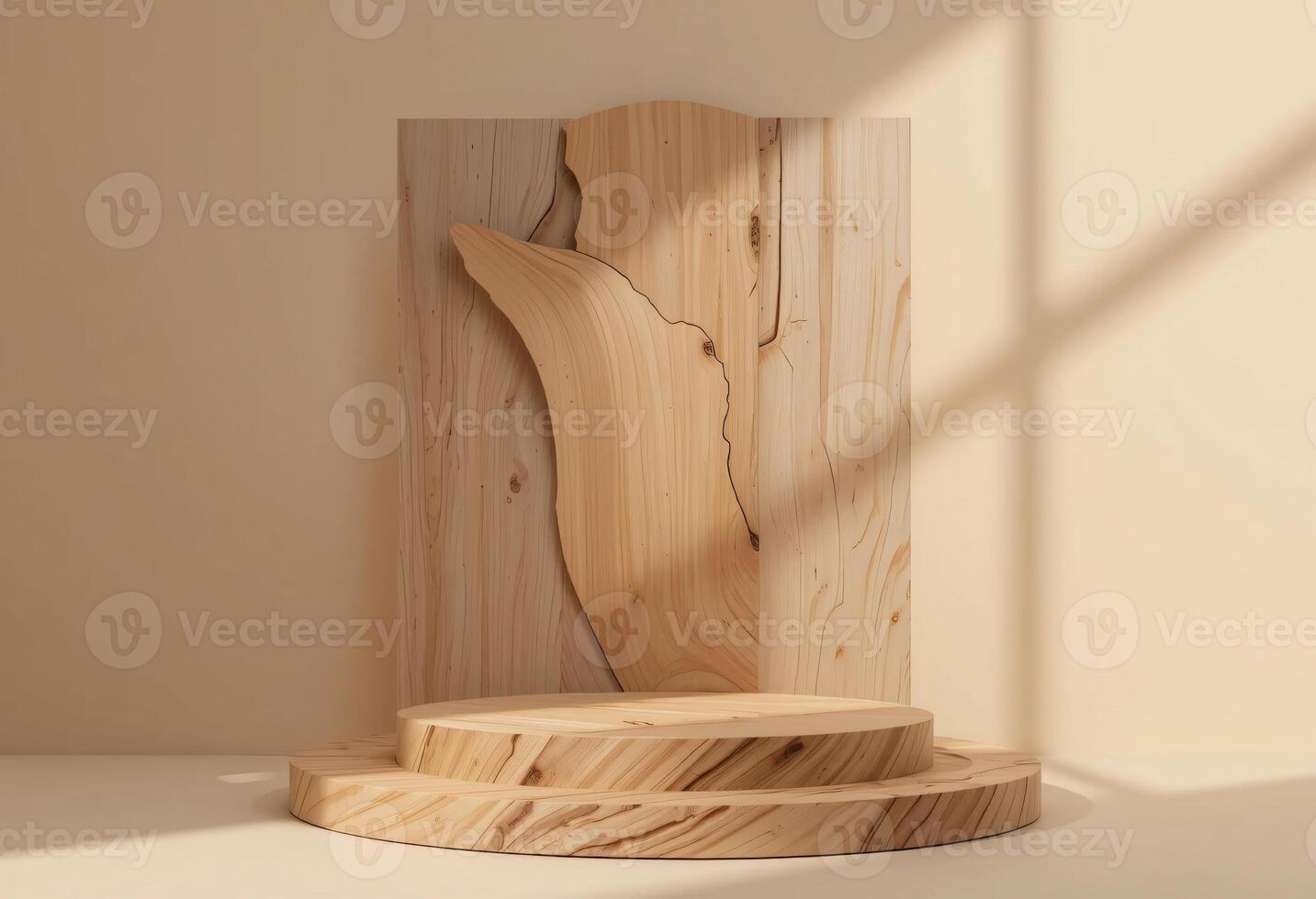 Empty wooden podium display, Vintage wood backdrop with light and shadow, Cosmetic or beauty product presentation photo