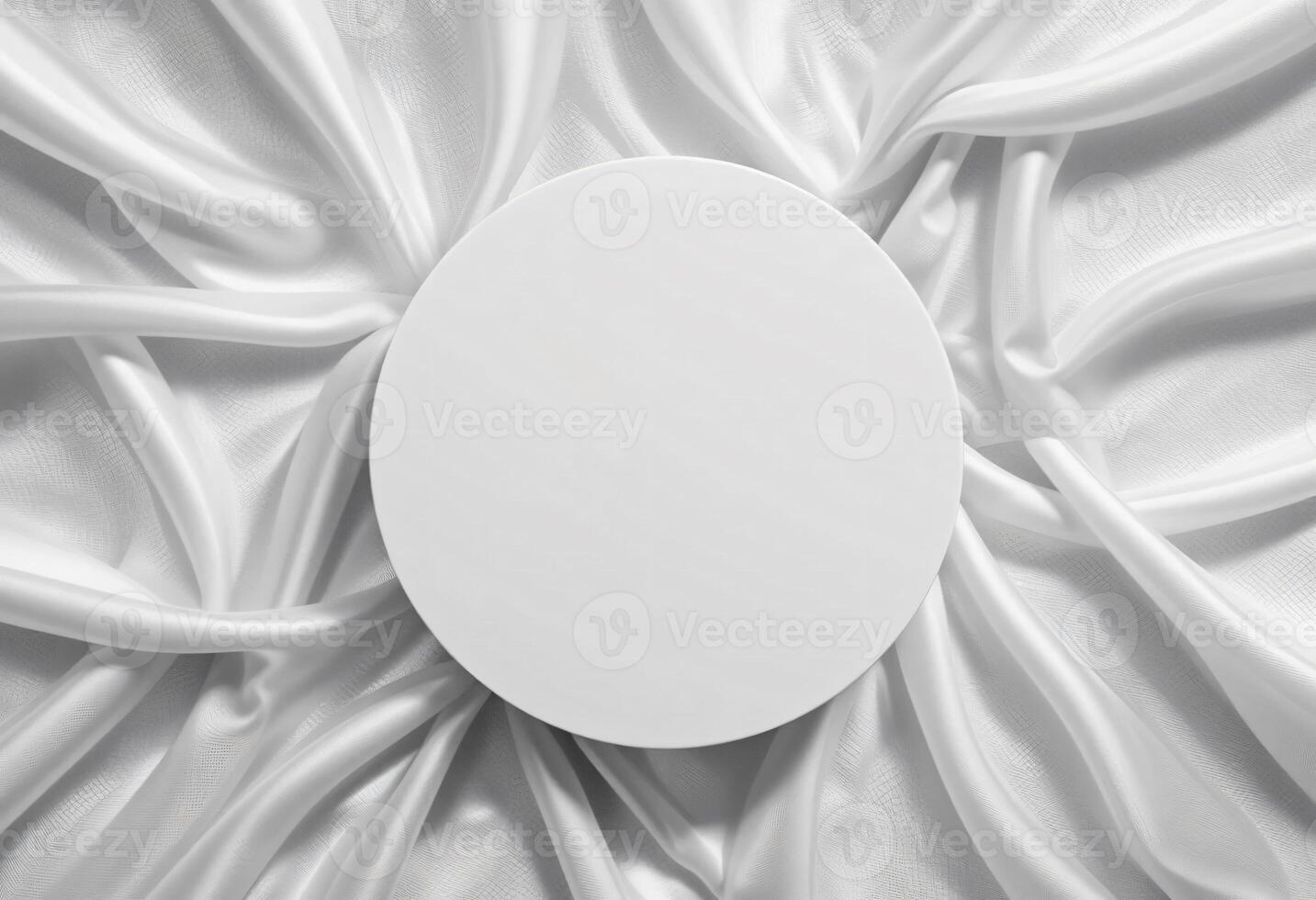 Top view of round podium stand for cosmetics product presentation on smooth elegant white cloth fabric background photo