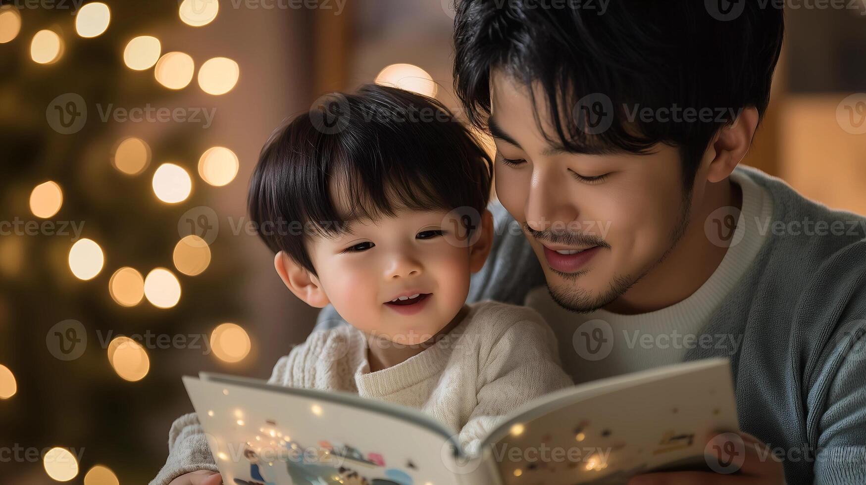 Heartwarming Asian Father and Child Reading Moment with Holiday Glow and Family Bonding photo