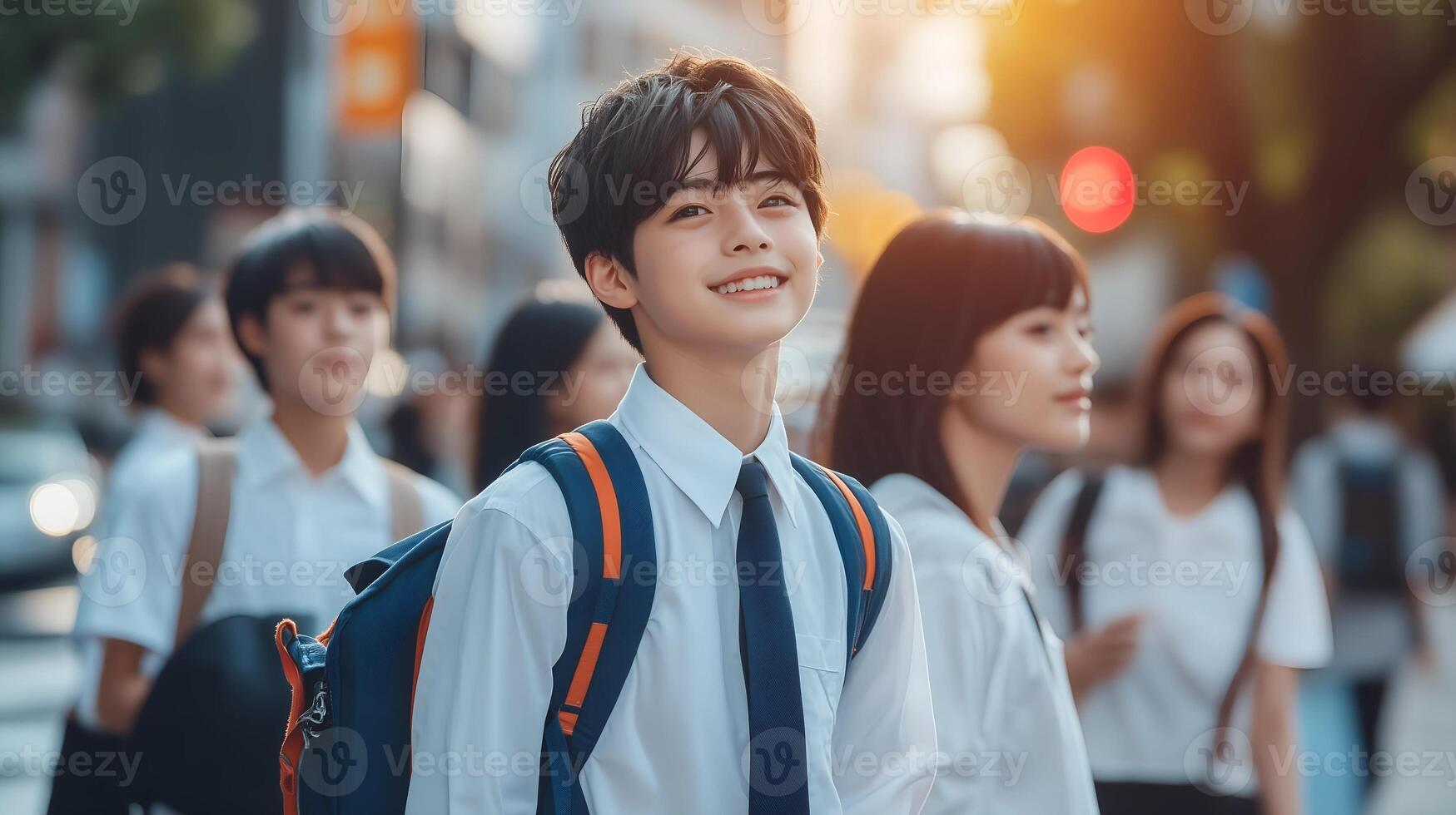 Happy Japanese Students in School Uniforms Walking Through a Bustling Urban Street Depicting Friendship and Vibrant Youth Culture photo