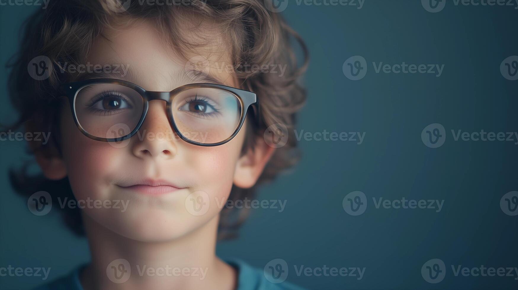 Thoughtful Young Boy with Glasses Highlighting Curiosity and Education in a Minimalistic Portrait photo