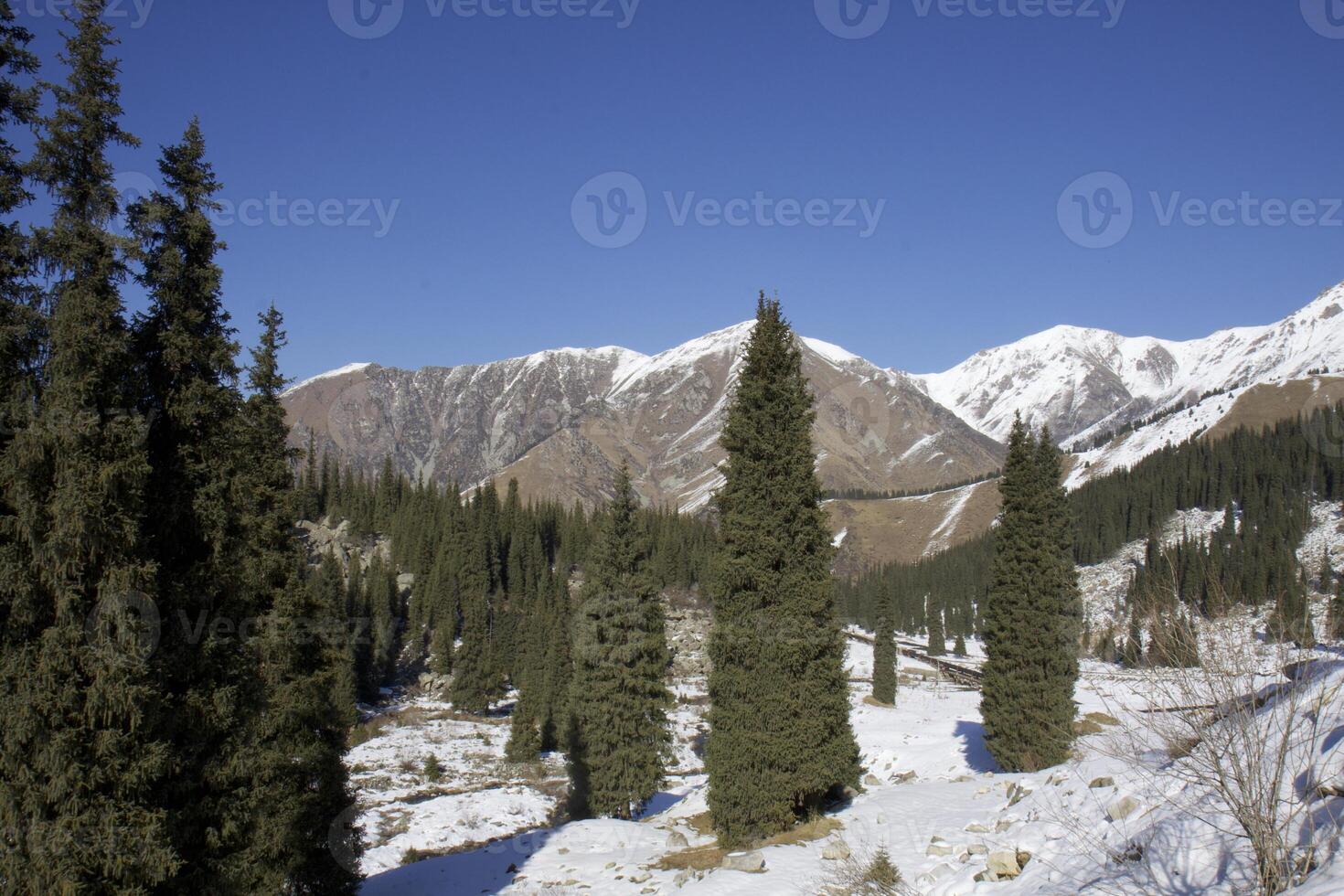 Winter mountain lake surrounded by a mountain rage photo