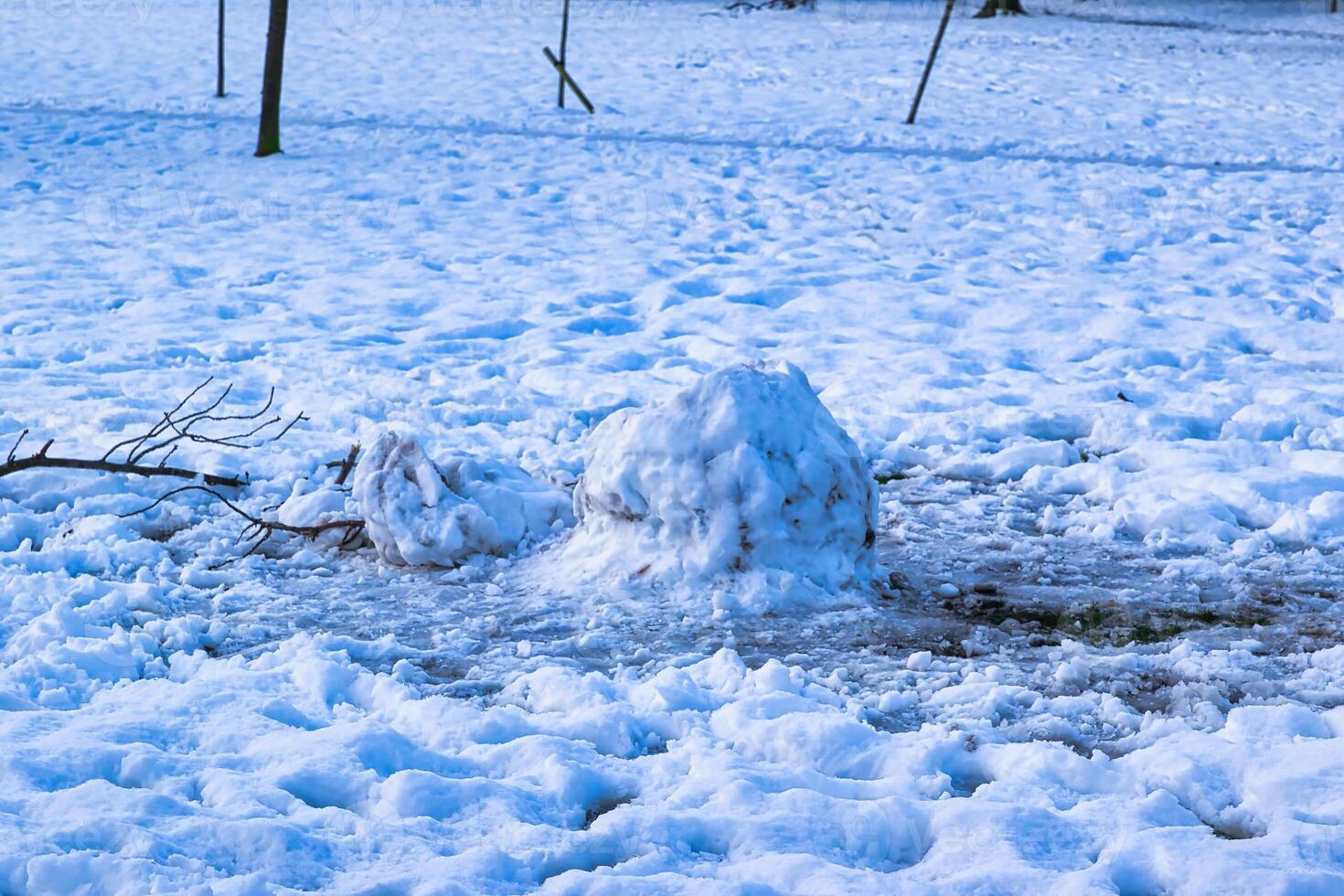 Partially Constructed Snowman in Snowy Field in Harrogate, UK. photo