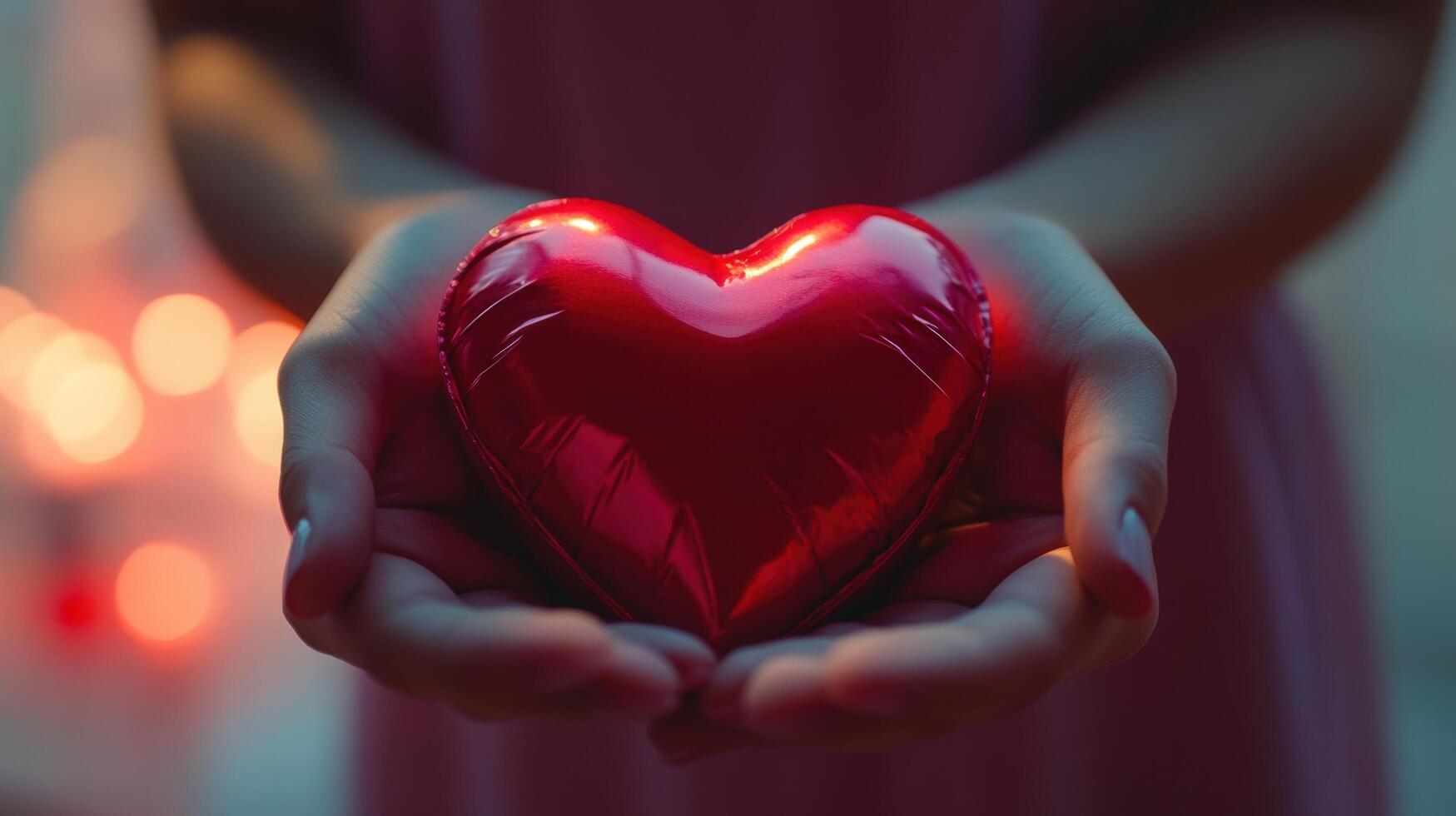 Close-Up of Hands Gently Holding a Shiny Red Heart Against a Softly Blurred Background Filled with Warm Lights and Heartfelt Emotions in an Elegant Scene photo