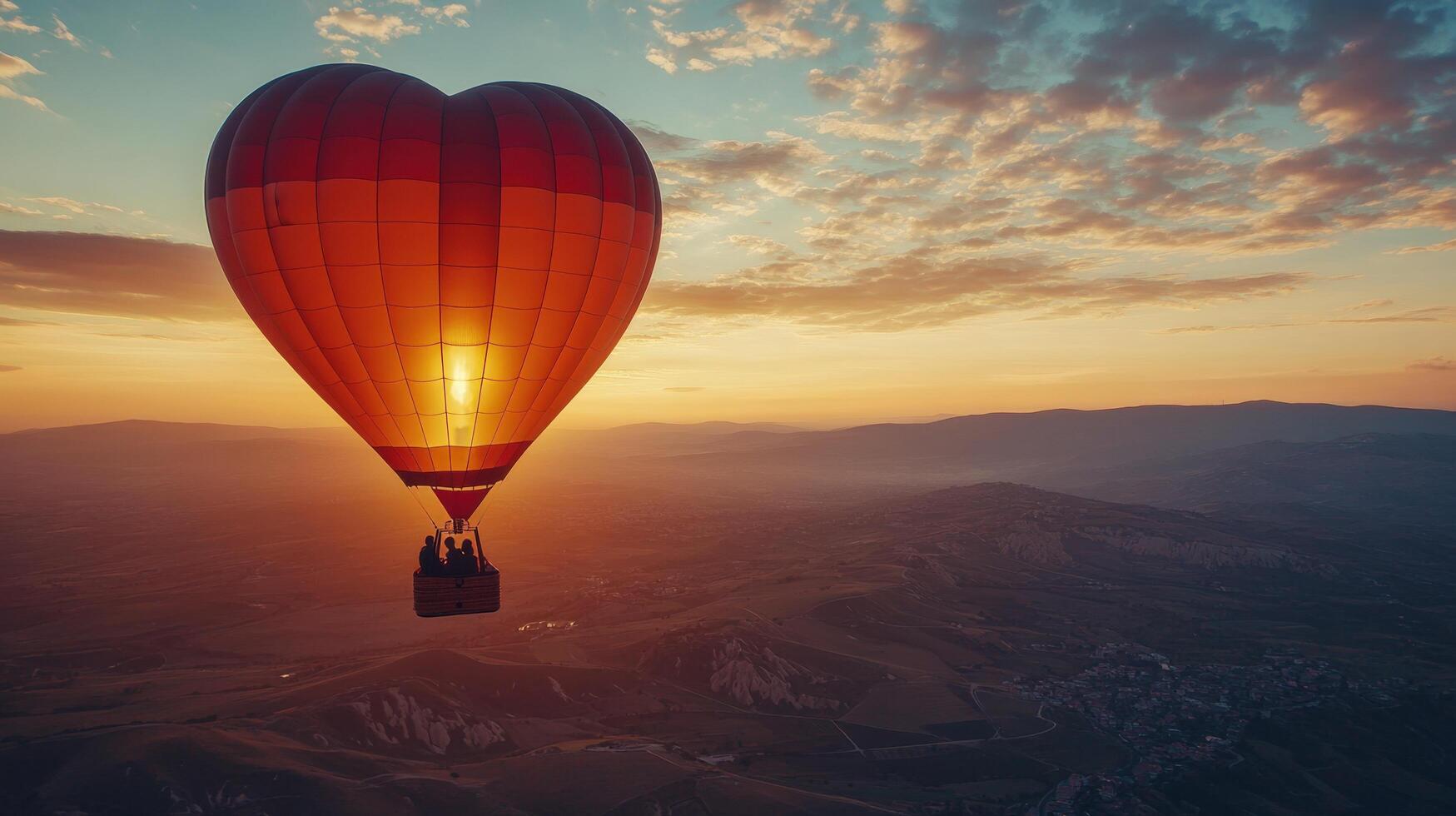 Romantic Hot Air Balloon Ride Over Scenic Landscape at Sunset with Couple Enjoying Breathtaking Views and Colorful Sky photo