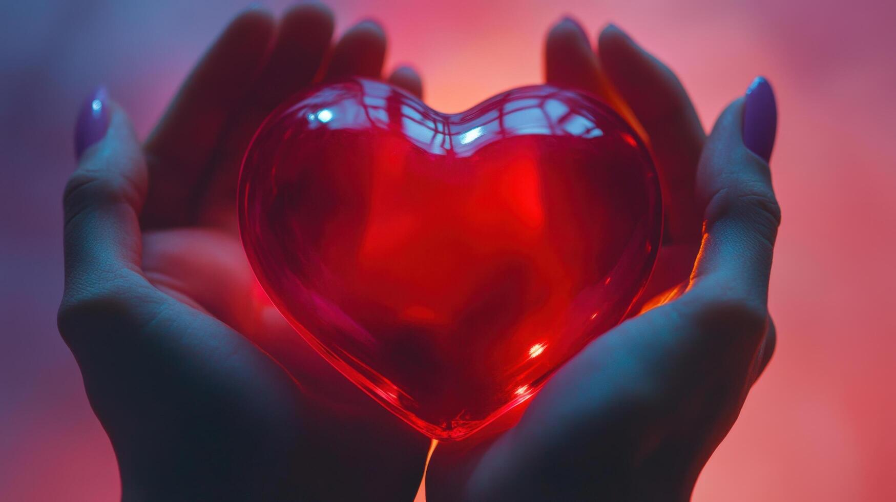 Close-Up of Hands Gently Holding a Shiny Red Heart Against a Softly Lit Background, Symbolizing Love, Care, and Emotion in a Captivating Visual Experience photo