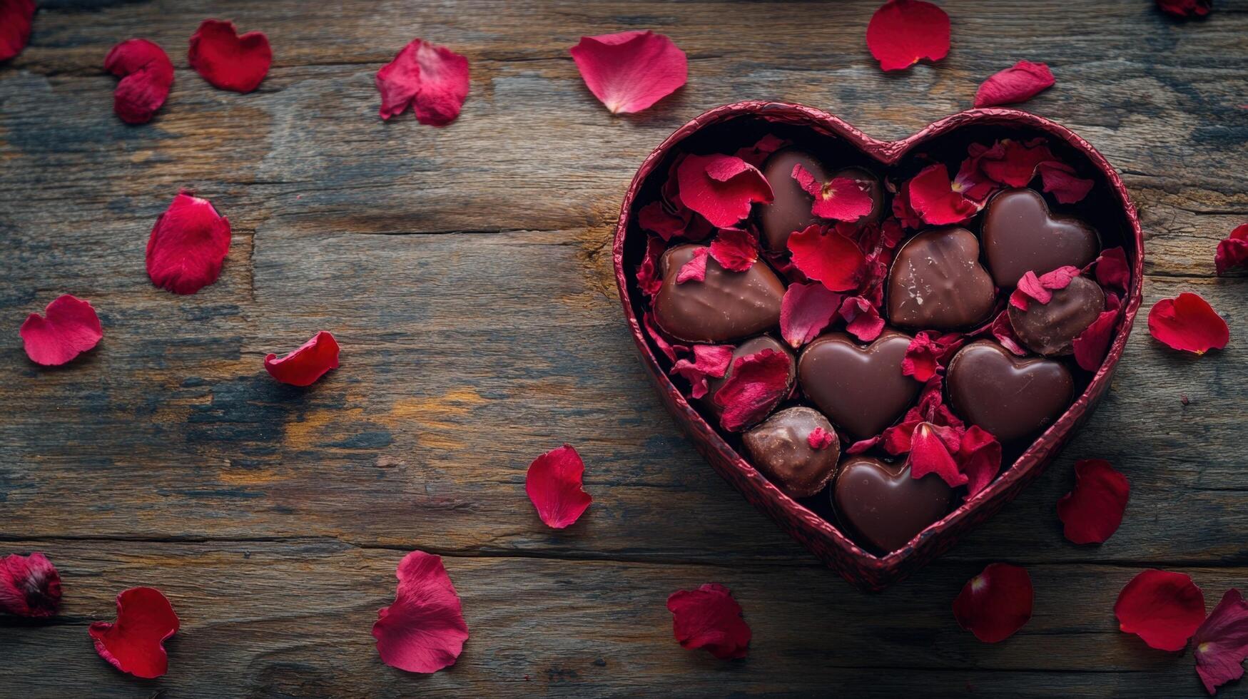 Heart-Shaped Box of Chocolates Surrounded by Rose Petals on Rustic Wooden Table, Perfect for Romantic Occasions and Sweet Celebrations photo