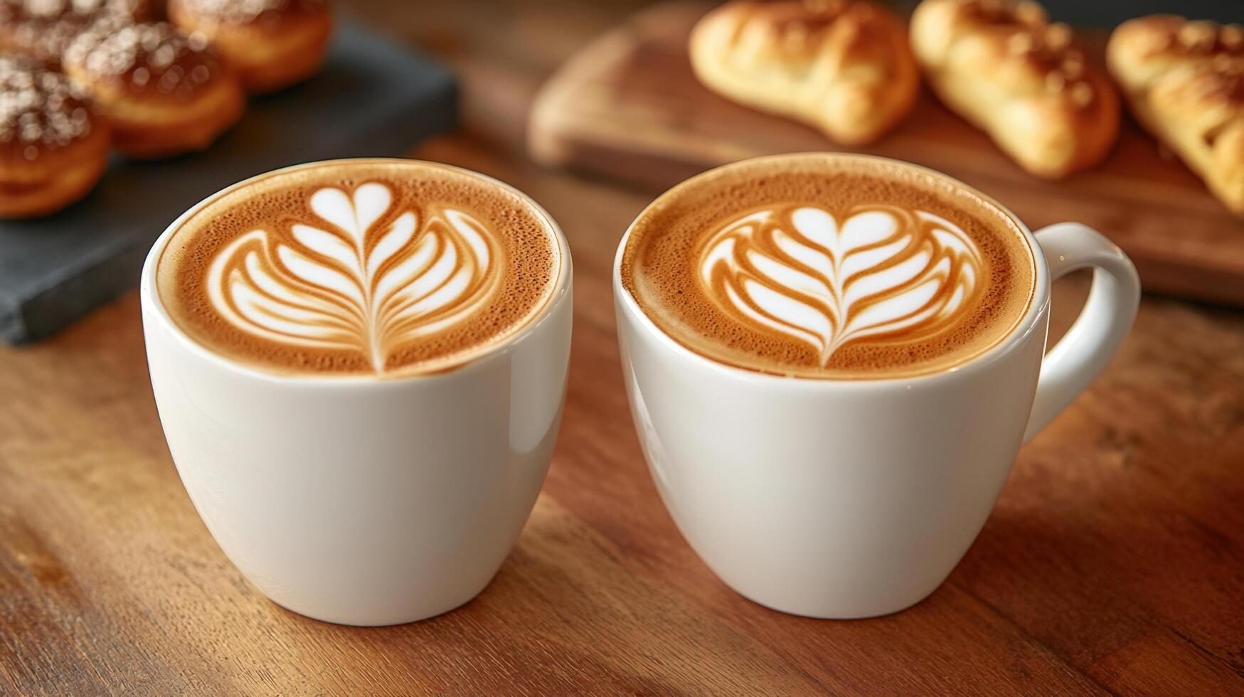 Charming Coffee Shop Scene Featuring Beautifully Crafted Latte Art and Delectable Pastries on a Rustic Wooden Table Visual photo
