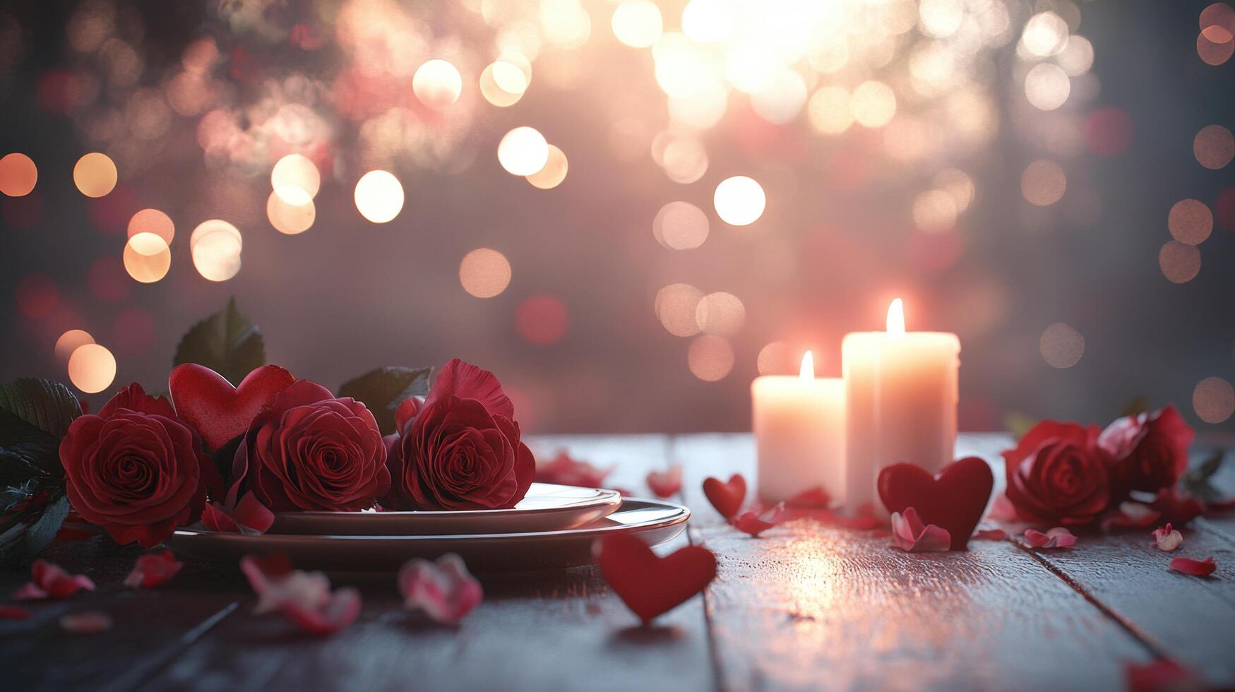 Romantic Table Setting with Candles and Red Roses for a Sweet Evening Celebration or Intimate Dinner Ambiance with Soft Lighting and Heart Decorations photo