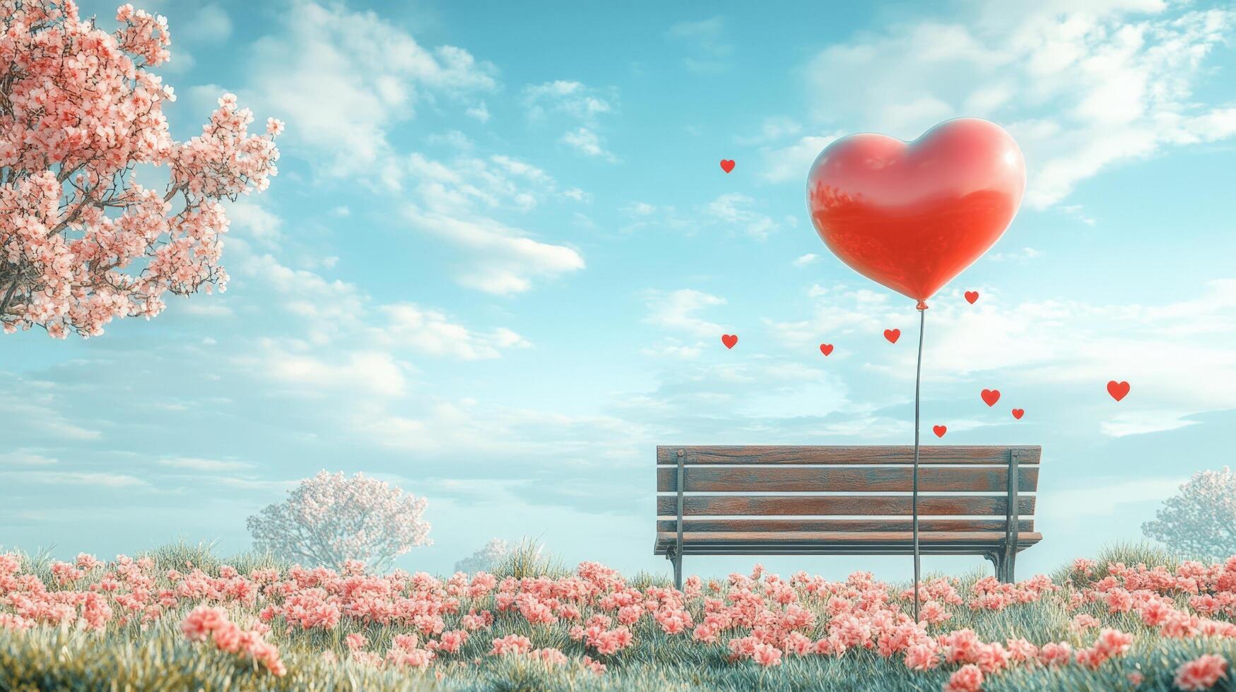 Serene Park Scene with a Vintage Bench Surrounded by Blooming Flowers and Heart-Shaped Balloons in a Clear Blue Sky photo