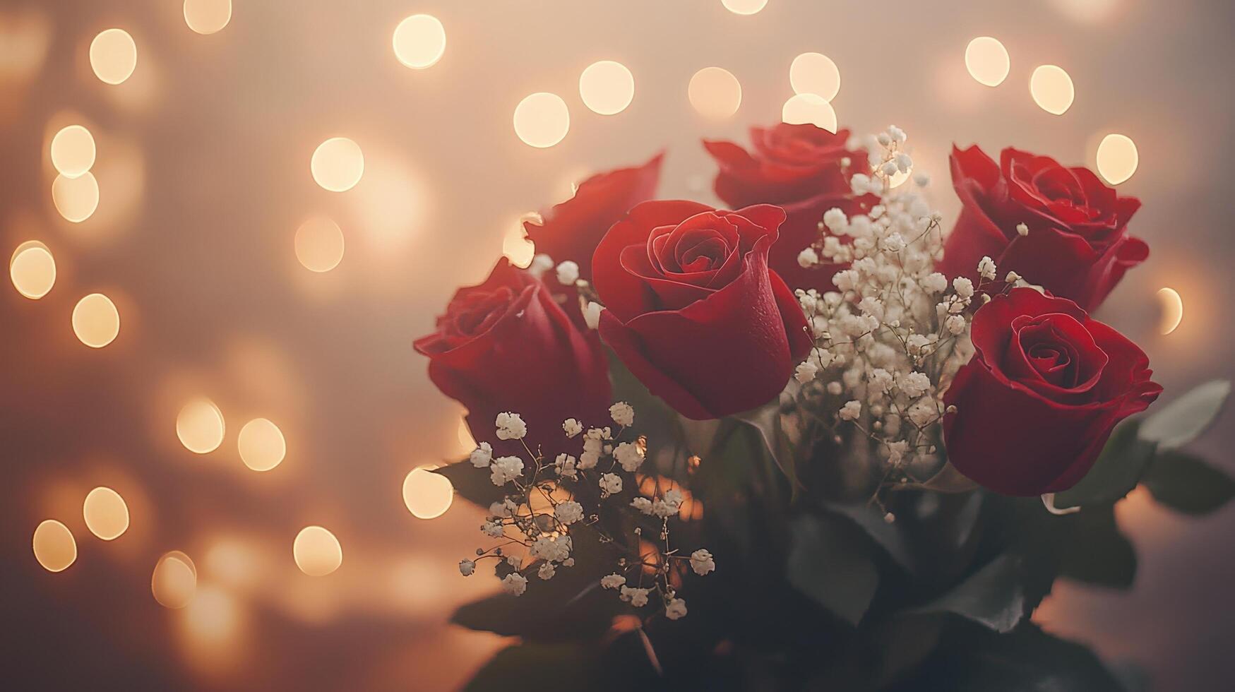 Gorgeous close-up shot of beautifully arranged red roses with delicate white flowers against a dreamy bokeh background creating a romantic atmosphere for any occasion. photo