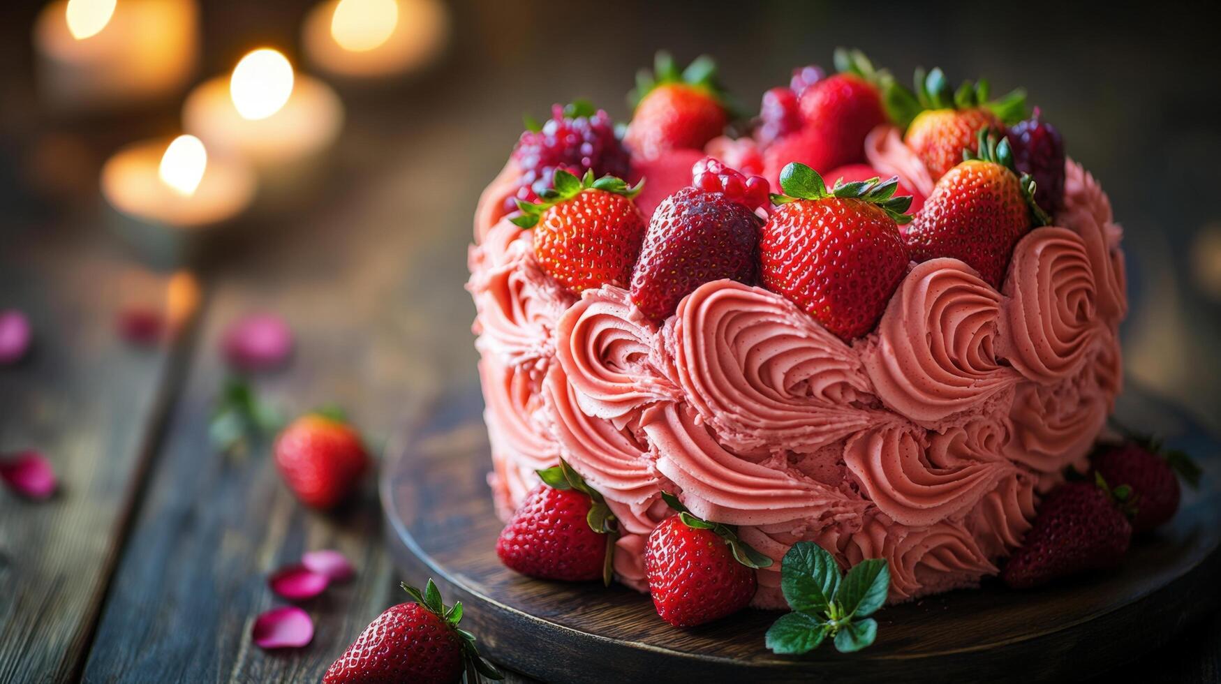 Heart-Shaped Cake Adorned with Vibrant Strawberries and Cream, Perfect for Celebrations and Special Occasions, Captured in a Cozy Atmosphere with Soft Candlelight photo