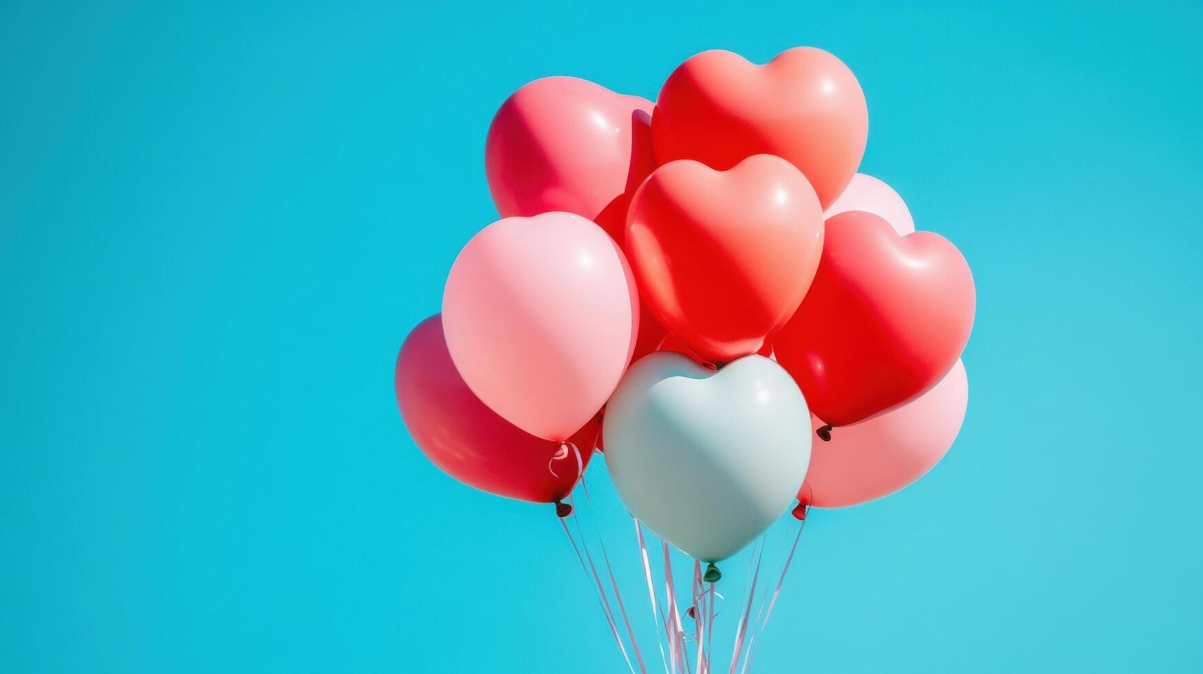 Vibrant Heart-Shaped Balloons in Shades of Red and Pink Against a Bright Blue Background, Perfect for Celebrating Love and Joyful Occasions photo