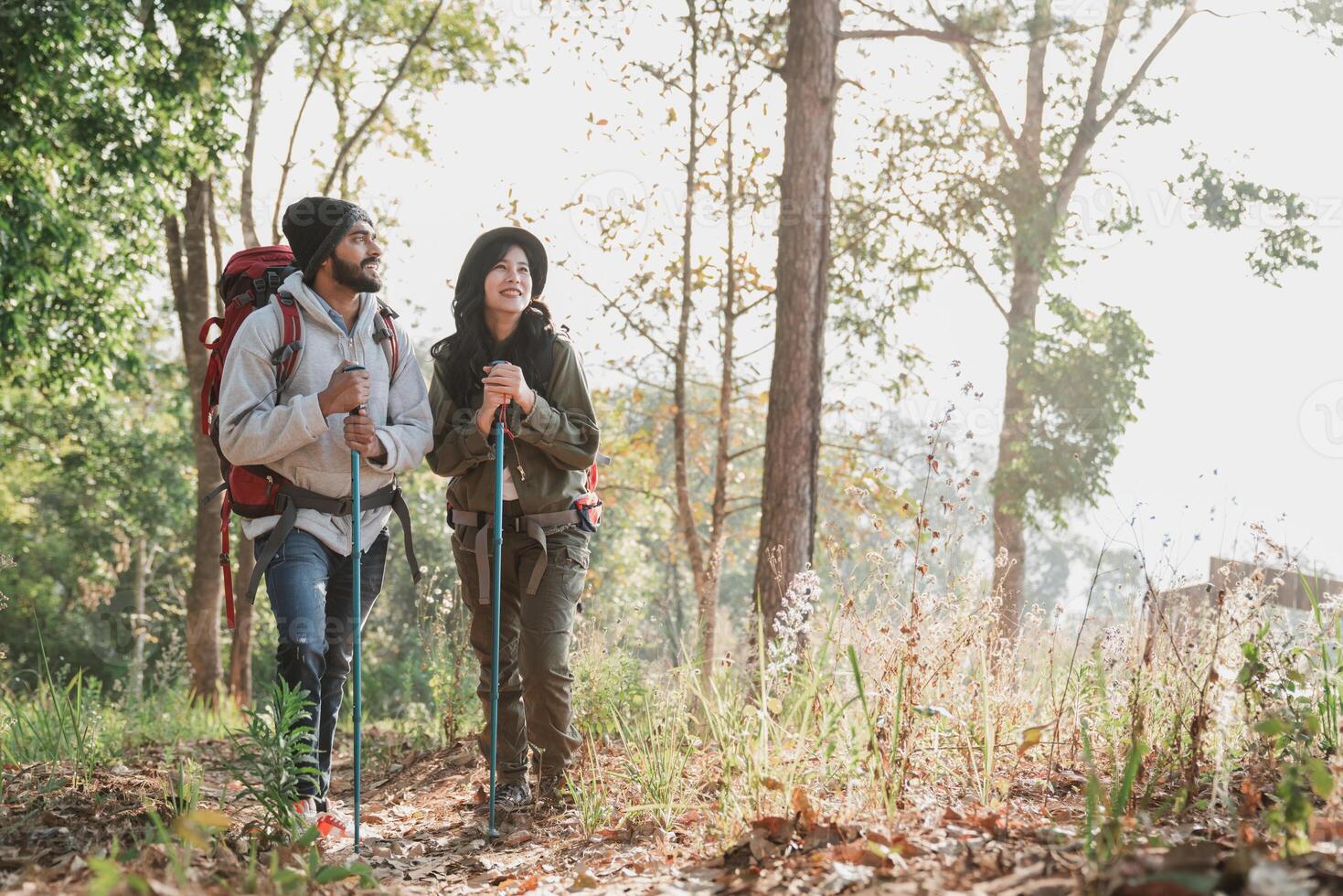 Travelers walk along a forest trail, soaking in the peaceful ambiance of the wilderness. photo