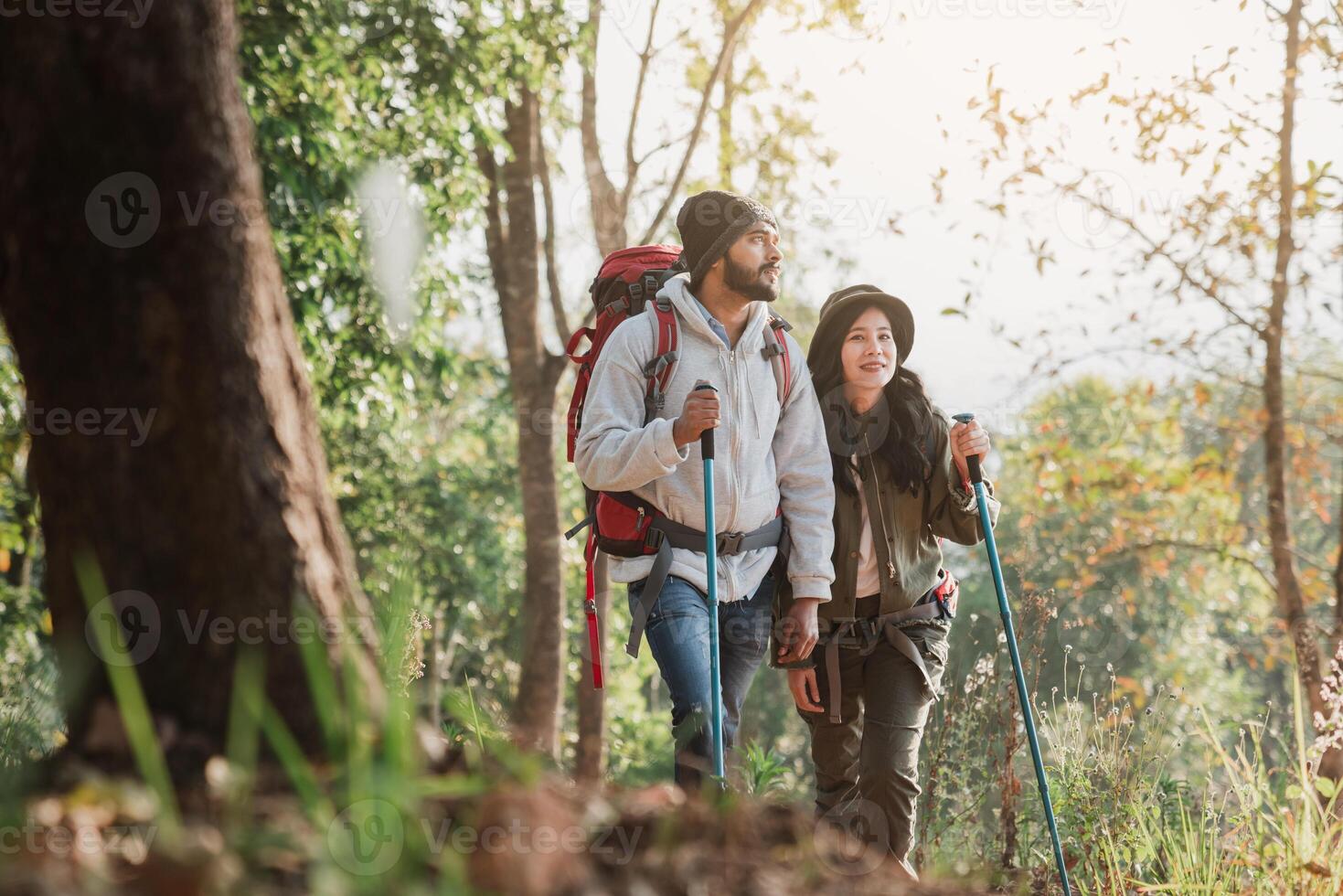 A group hikes through a lush green forest, enjoying the sights, sounds, and smells of nature. photo
