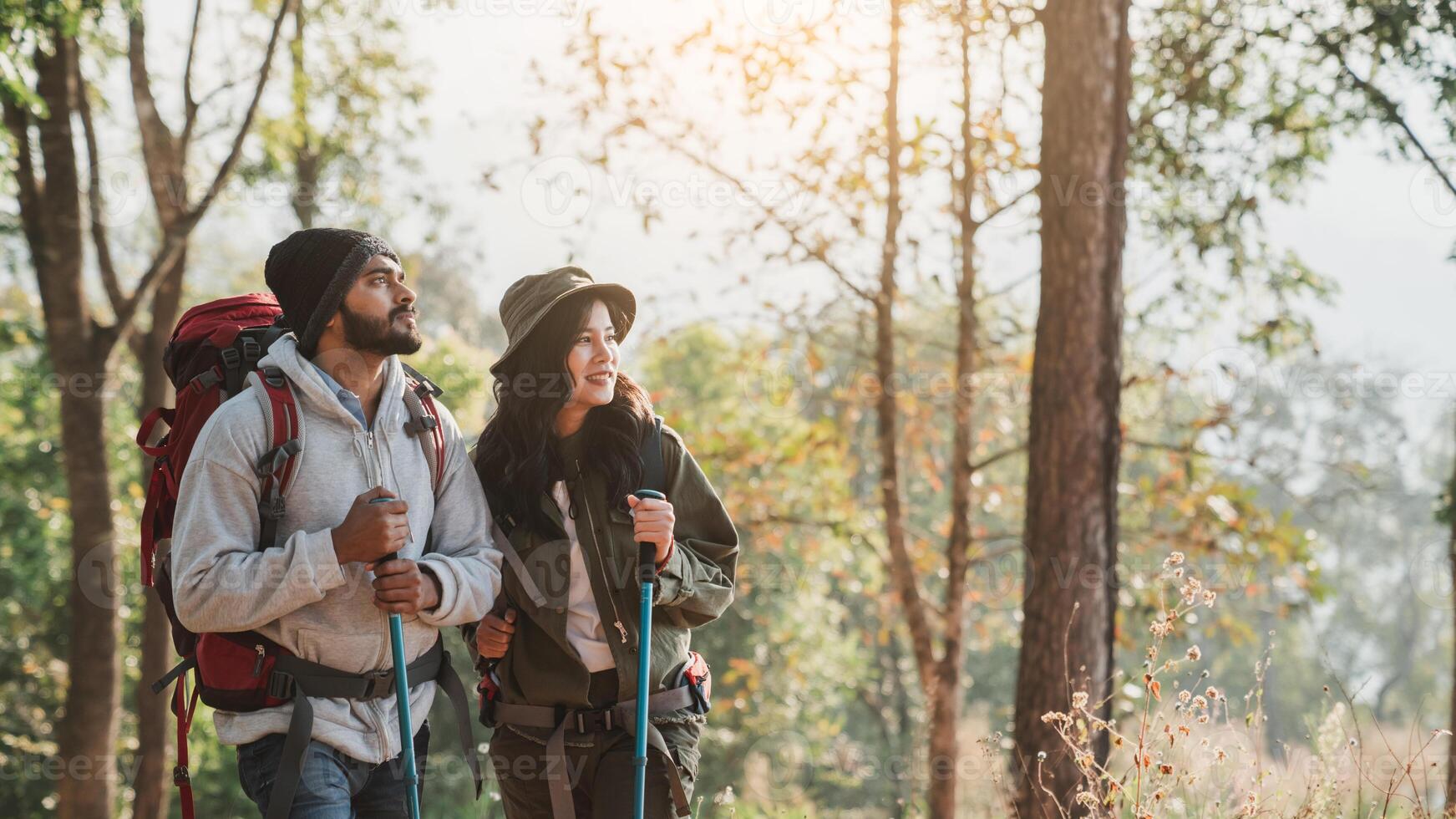 Nature lovers explore a forest trail, soaking in the vibrant scenery. photo