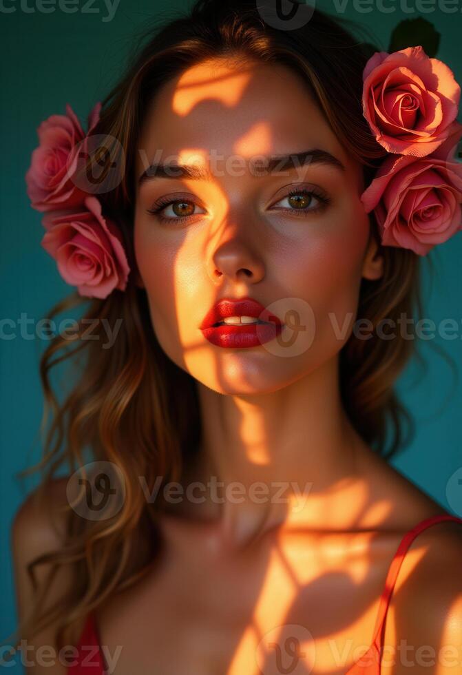 Close-up of a woman adorned with pink roses, soft sunlight creating intricate shadow patterns on her face photo