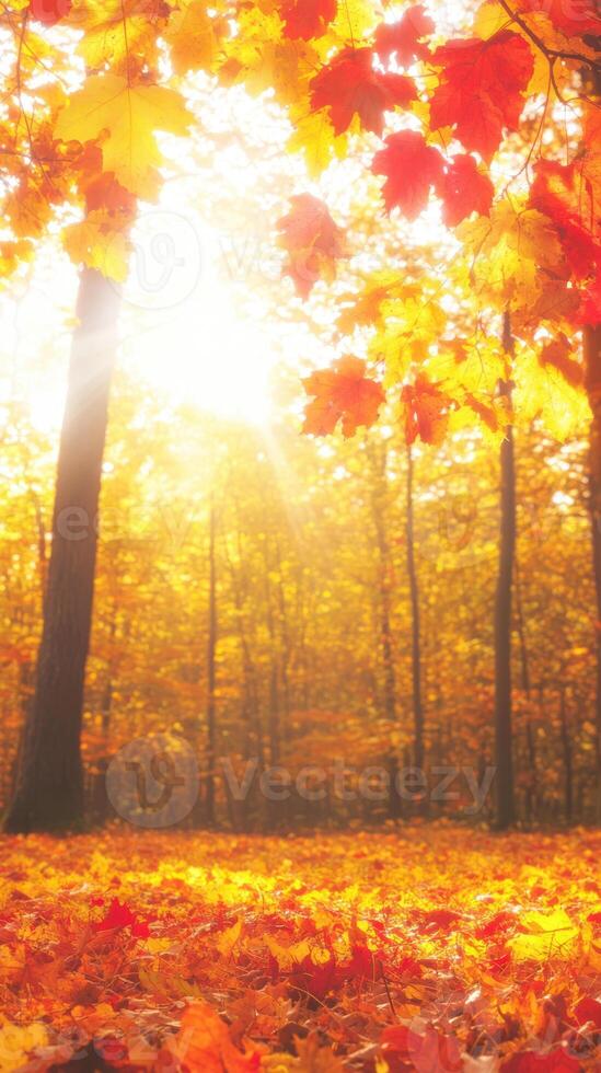 the serene forest in autumn with golden and red leaves photo