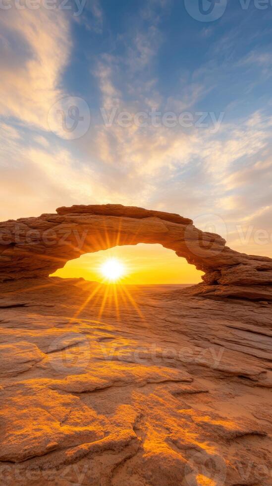 stunning sunset over natural rock arch in desert photo