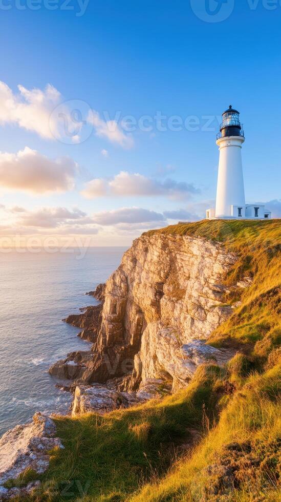 lighthouse on rocky coastline with dramatic cliffs photo