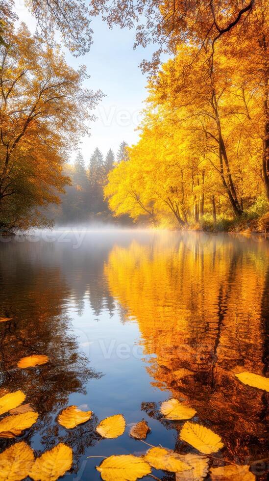 misty river reflects vibrant autumn trees and leaves photo