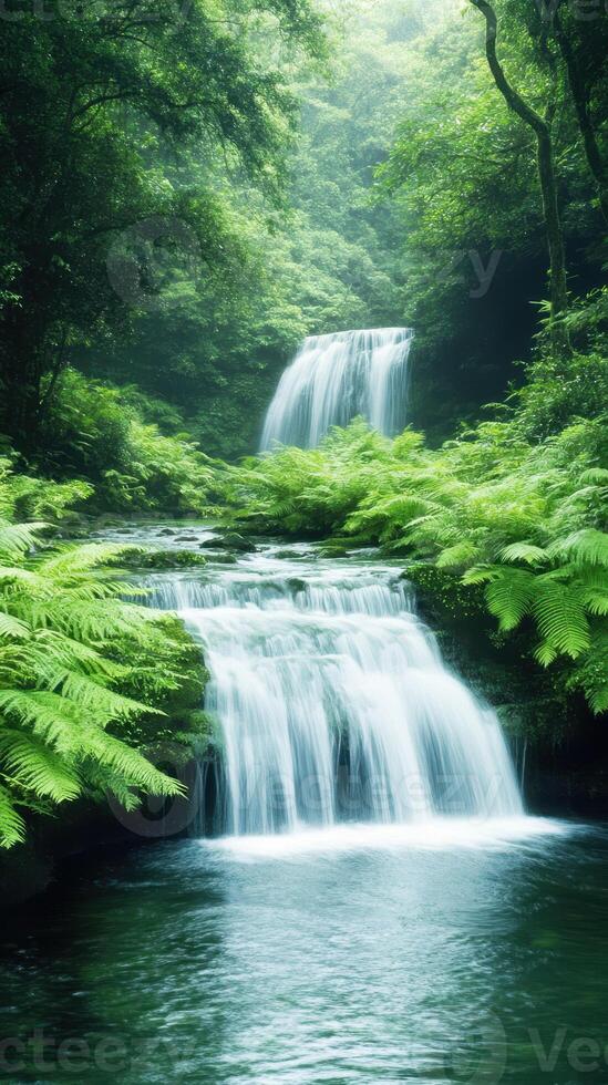 a Lush tropical rainforest with cascading waterfalls and greenery photo