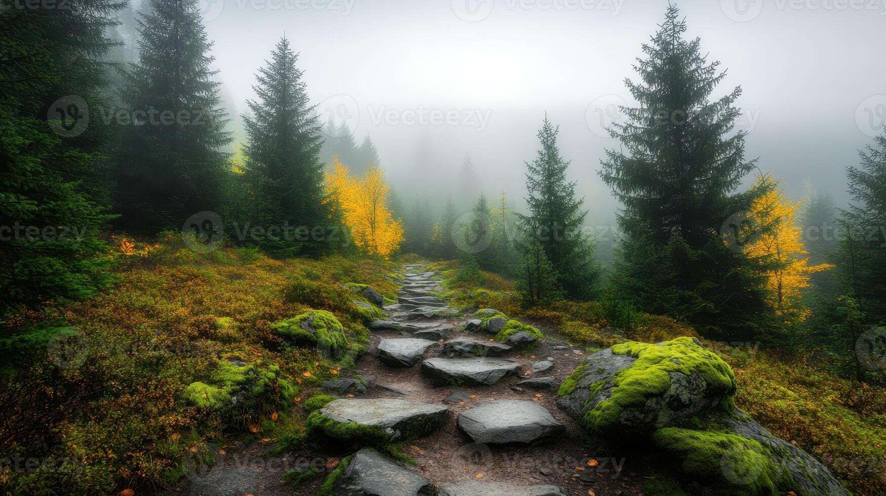 misty mountain trail with moss covered rocks and vibrant trees photo