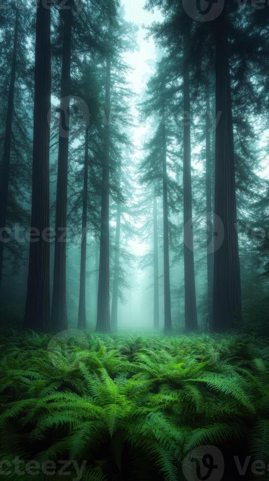 Misty coastal forest with towering trees and lush ferns photo