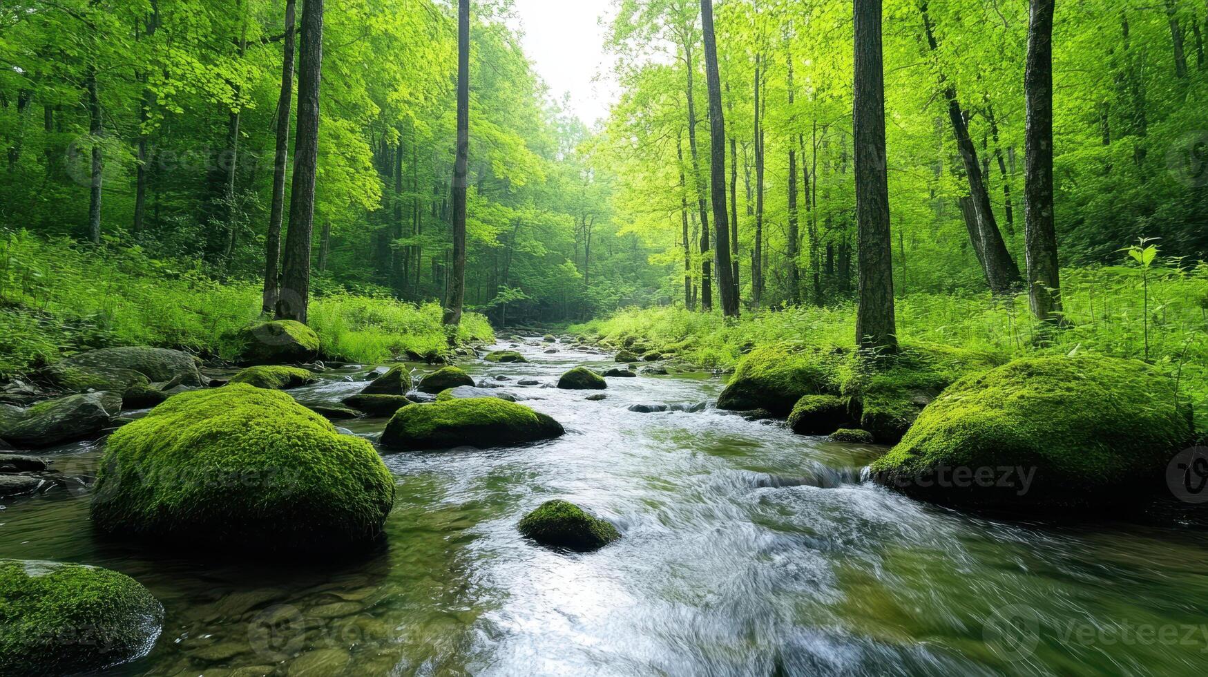 a serene forest with crystal clear stream and lush greenery photo