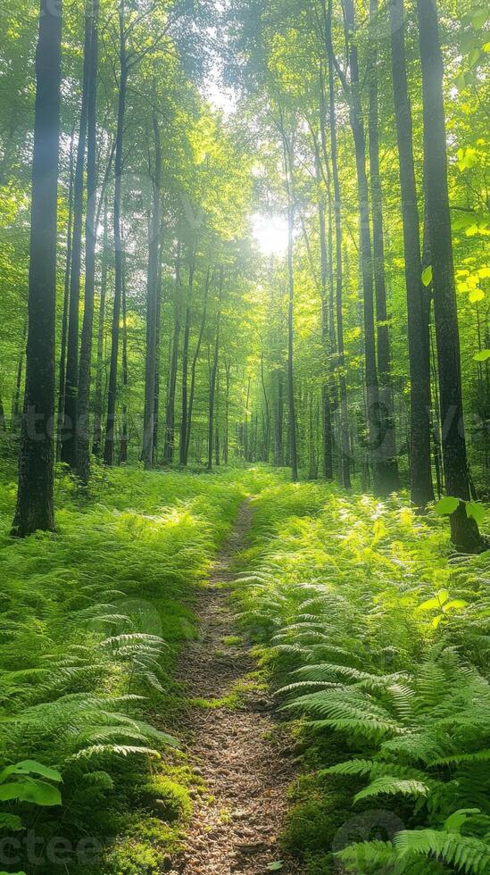 serene forest path surrounded by lush greenery and sunlight photo