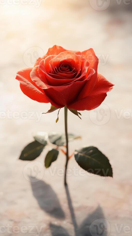 stunning red rose stands elegantly on light cream background, symbolizing love photo