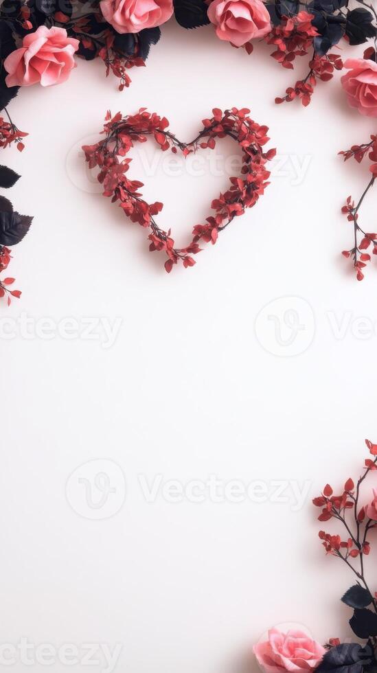 heart shaped wreath made of red flowers and leaves on white background photo