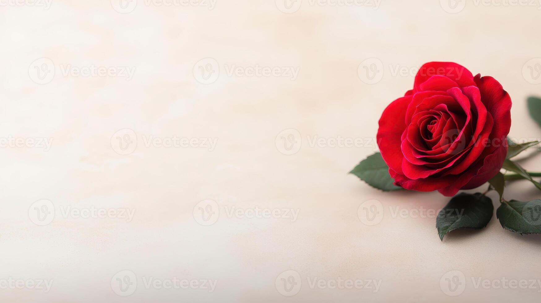 a close up of single red rose on light cream background, symbolizing love photo