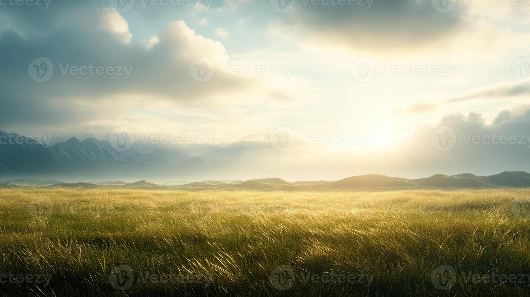 serene landscape with golden grass under cloudy sky photo